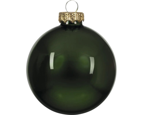 Glänzende dunkelgrüne Weihnachtskugel mit goldfarbenem Aufsatz und Drahtschlaufe.