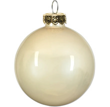 Glänzende Weihnachtskugel aus Glas in der Farbe Champagner mit goldener Kappe.