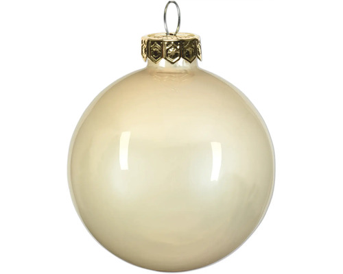 Glänzende Weihnachtskugel aus Glas in der Farbe Champagner mit goldener Kappe.