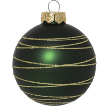 Dunkelgrüne Christbaumkugel aus Glas mit goldenem Glitzer-Linienmuster und Metallkappe zur Aufhängung.