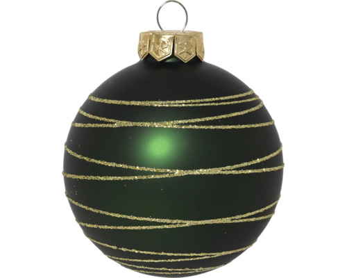 Dunkelgrüne Christbaumkugel aus Glas mit goldenem Glitzer-Linienmuster und Metallkappe zur Aufhängung.