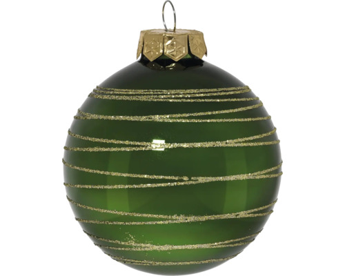 Grüne Christbaumkugel aus Glas mit goldenen Glitzerstreifen und goldener Kappe.