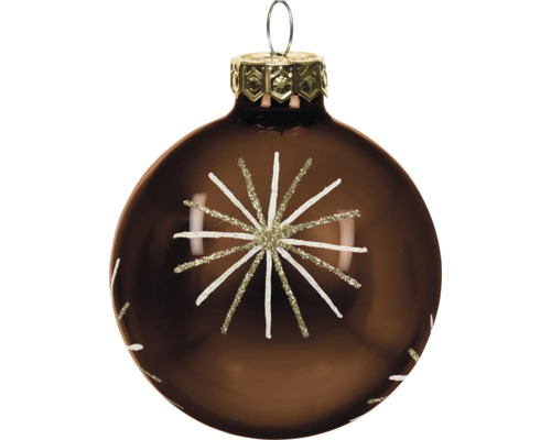 Braune Christbaumkugel aus Glas mit weißem und goldfarbenem glitzerndem Sternendekor und goldfarbener Kappe mit Aufhängung.