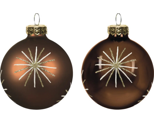 Zwei braune Christbaumkugeln aus Glas mit Sternmuster in Weiß und Gold-Glitzer, eine glänzende und eine matte Oberfläche.