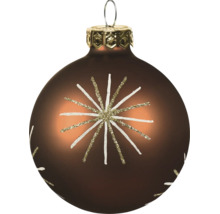 Braune Christbaumkugel aus Glas mit sternförmigem Glitzermotiv in Weiß und Gold.