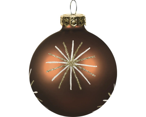 Braune Christbaumkugel aus Glas mit sternförmigem Glitzermotiv in Weiß und Gold.