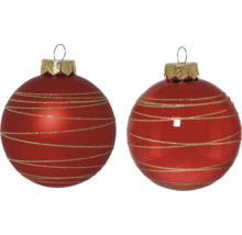 Zwei rote Christbaumkugeln aus Glas mit goldenen Glitzerstreifen, eine matt und eine glänzend.
