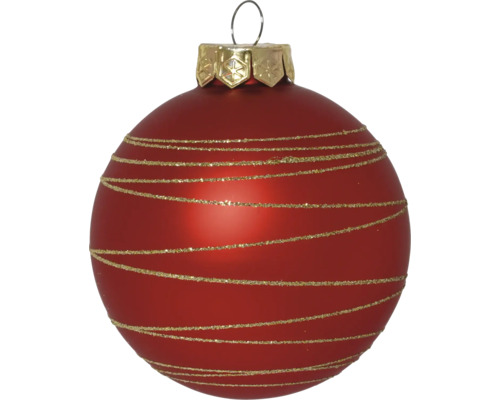 Weihnachtskugel aus Glas in Rot mit goldenen Glitzerstreifen und Aufhängung.