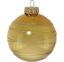 Weihnachtskugel aus Glas in Gold mit horizontalen Glitzerstreifen.