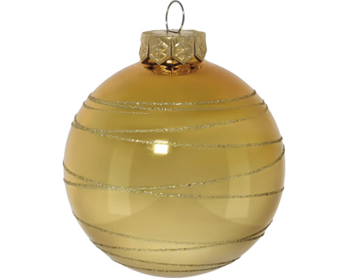 Weihnachtskugel aus Glas in Gold mit horizontalen Glitzerstreifen.