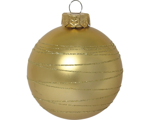 Goldfarbene Weihnachtskugel aus Glas mit horizontalen Glitzerstreifen und Aufhängeöse.