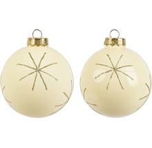 Zwei cremefarbene Christbaumkugeln mit glitzerndem Sternenmuster und goldfarbenem Aufhänger.