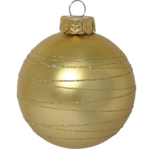 Mattgoldene Christbaumkugel mit horizontalen Glitzerstreifen und Aufhängeöse.