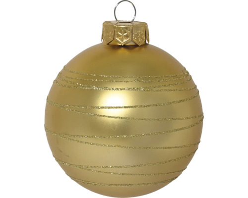 Mattgoldene Christbaumkugel mit horizontalen Glitzerstreifen und Aufhängeöse.