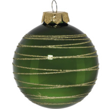 Grüne Christbaumkugel aus Glas mit goldenen Glitzerstreifen und goldener Kappe.