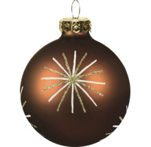 Christbaumkugel aus Glas in Braun mit glitzerndem Sternmuster und Metallaufhängung.