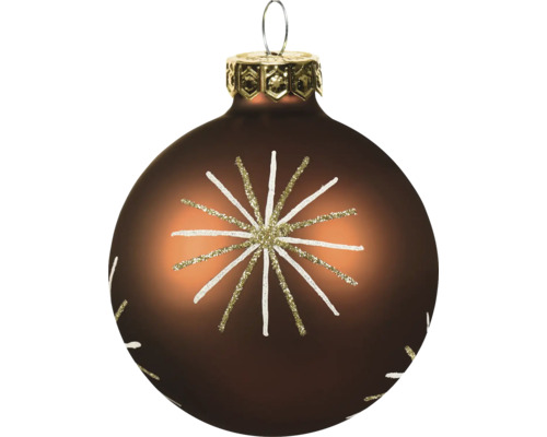 Christbaumkugel aus Glas in Braun mit glitzerndem Sternmuster und Metallaufhängung.