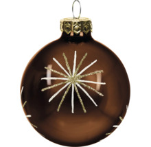 Braune Christbaumkugel aus Glas mit glitzerndem Sternmuster und goldener Kappe mit Aufhängeschleife.