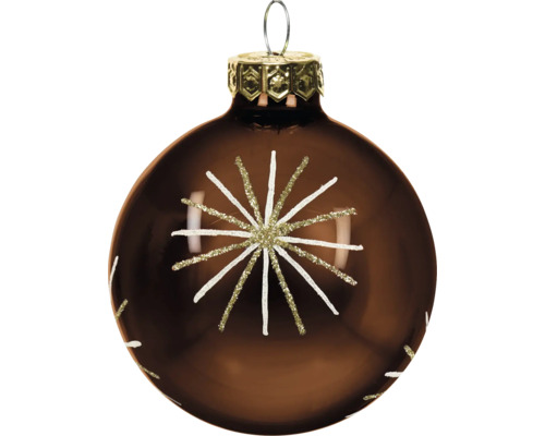 Braune Christbaumkugel aus Glas mit glitzerndem Sternmuster und goldener Kappe mit Aufhängeschleife.
