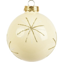 Christbaumkugel aus Glas in Creme mit glitzerndem Sternenmuster.