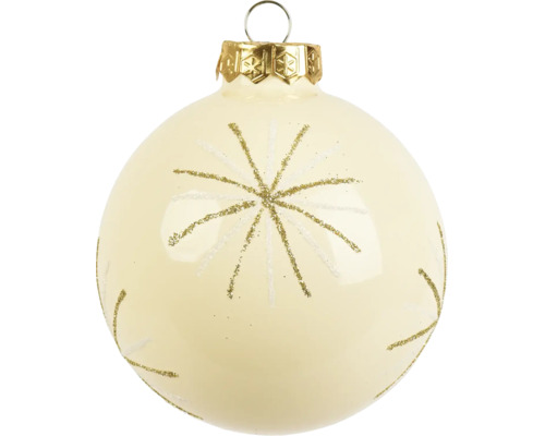 Christbaumkugel aus Glas in Creme mit glitzerndem Sternenmuster.