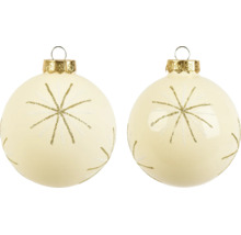 Zwei Weihnachtskugeln mit glitzerndem Sternenmuster und goldfarbenen Aufhängern.