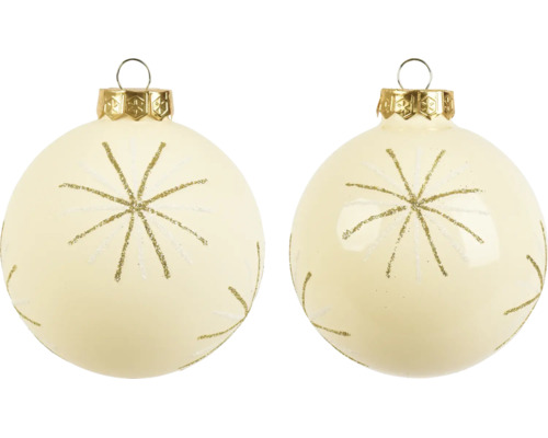 Zwei Weihnachtskugeln mit glitzerndem Sternenmuster und goldfarbenen Aufhängern.