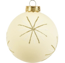 Cremefarbene Christbaumkugel aus Glas mit goldenem Glitzerstern und goldener Kappe.