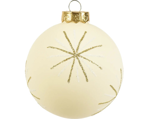 Cremefarbene Christbaumkugel aus Glas mit goldenem Glitzerstern und goldener Kappe.