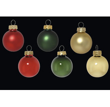 Set aus sechs gläsernen Christbaumkugeln in Rot, Grün und Gold, sowohl in matter als auch in glänzender Ausführung.