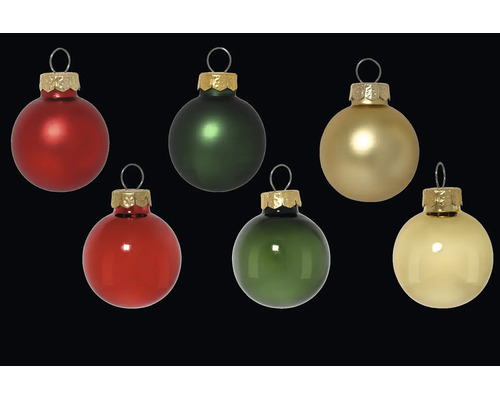 Set aus sechs gläsernen Christbaumkugeln in Rot, Grün und Gold, sowohl in matter als auch in glänzender Ausführung.