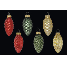 Sechs Weihnachtsbaumanhänger aus Glas in Zapfenform in Rot, Grün und Gold mit strukturierter Oberfläche.
