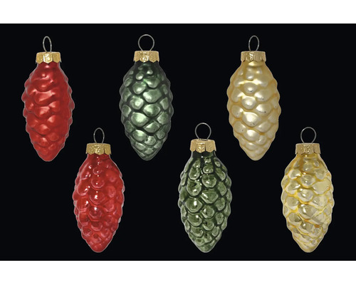 Sechs Weihnachtsbaumanhänger aus Glas in Zapfenform in Rot, Grün und Gold mit strukturierter Oberfläche.