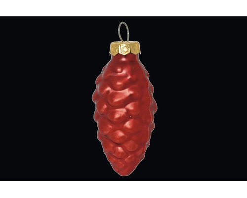 Christbaumschmuck aus Glas in Form eines Tannenzapfens in Rot mit Aufhänger.