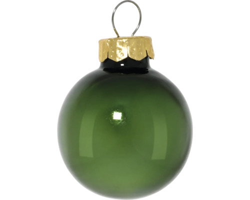 Glänzende grüne Weihnachtskugel aus Glas mit goldener Kappe und Aufhänger.