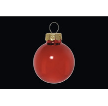 Rote, glänzende Christbaumkugel aus Glas mit goldfarbener Kappe und Aufhängeöse.