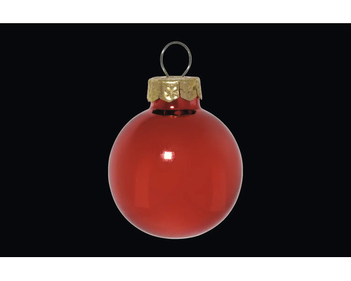 Rote, glänzende Christbaumkugel aus Glas mit goldfarbener Kappe und Aufhängeöse.