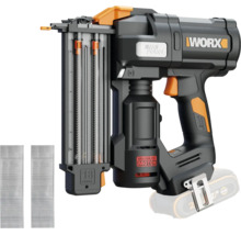 Akku-Nagler von Worx mit bürstenlosem Motor, 18 Gauge, inklusive zwei Streifen Nägeln. Worx Logo.