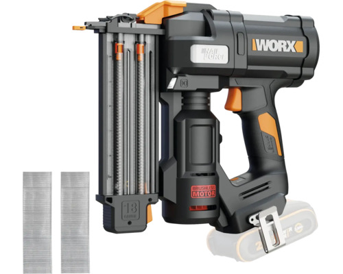 Akku-Nagler von Worx mit bürstenlosem Motor, 18 Gauge, inklusive zwei Streifen Nägeln. Worx Logo.