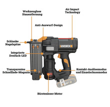 Worx Akku-Nagler mit Details zu schlanker Spitze, werkzeugloser Stauentfernung, Dreifach-LED, transparentem Magazin, bürstenlosem Motor und Air Impact Technology.