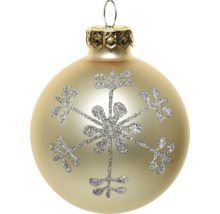 Champagnerfarbene Weihnachtskugel aus Glas mit Satin-Oberfläche und silbernem Glitzer-Schneeflocken-Motiv, inklusive Aufhängeöse.