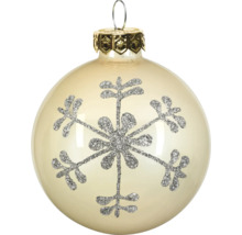 Christbaumkugel aus Glas mit silberfarbenem Glitzerschneeflocken-Motiv und Aufhänger.