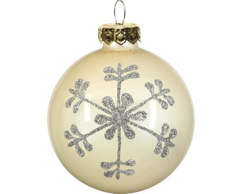 Christbaumkugel aus Glas mit silberfarbenem Glitzerschneeflocken-Motiv und Aufhänger.