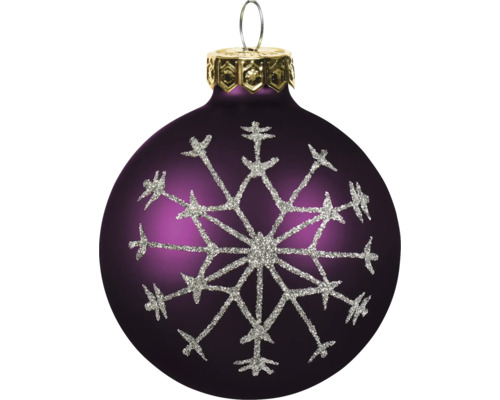 Weihnachtskugel Lila mit silbernem Glitzer-Schneeflockenmotiv und goldfarbener Kappe.