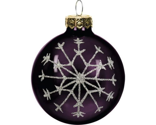 Dunkelviolette Christbaumkugel aus Glas mit einer großen silbernen Glitzer-Schneeflocke und goldfarbenem Aufhänger.