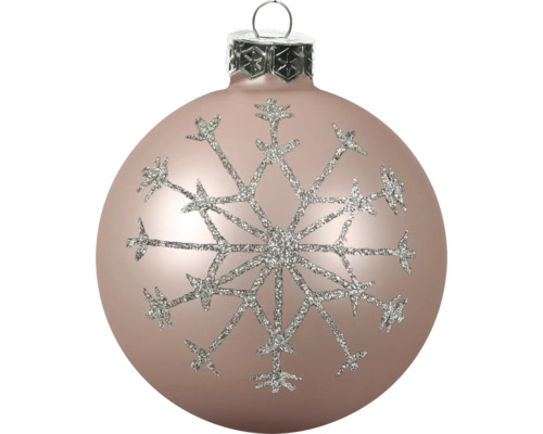 Roséfarbene Christbaumkugel aus Glas mit silbernem Glitzer-Schneeflockenmotiv und Aufhängeöse.