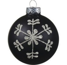 Schwarze matte Weihnachtskugel mit silbernem Glitzer-Schneeflocken-Motiv und Aufhänger.