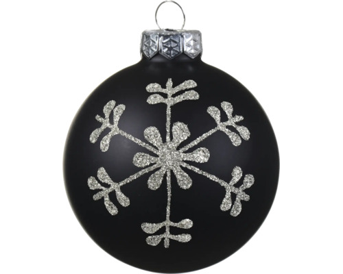 Schwarze matte Weihnachtskugel mit silbernem Glitzer-Schneeflocken-Motiv und Aufhänger.