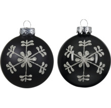 Zwei schwarze Weihnachtskugeln mit silbernem Glitzer-Schneeflocken-Motiv, eine matt und eine glänzend.