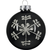 Christbaumkugel in Schwarz mit einem silbernen Glitzer-Schneeflocken-Motiv und silberner Kappe zum Aufhängen.